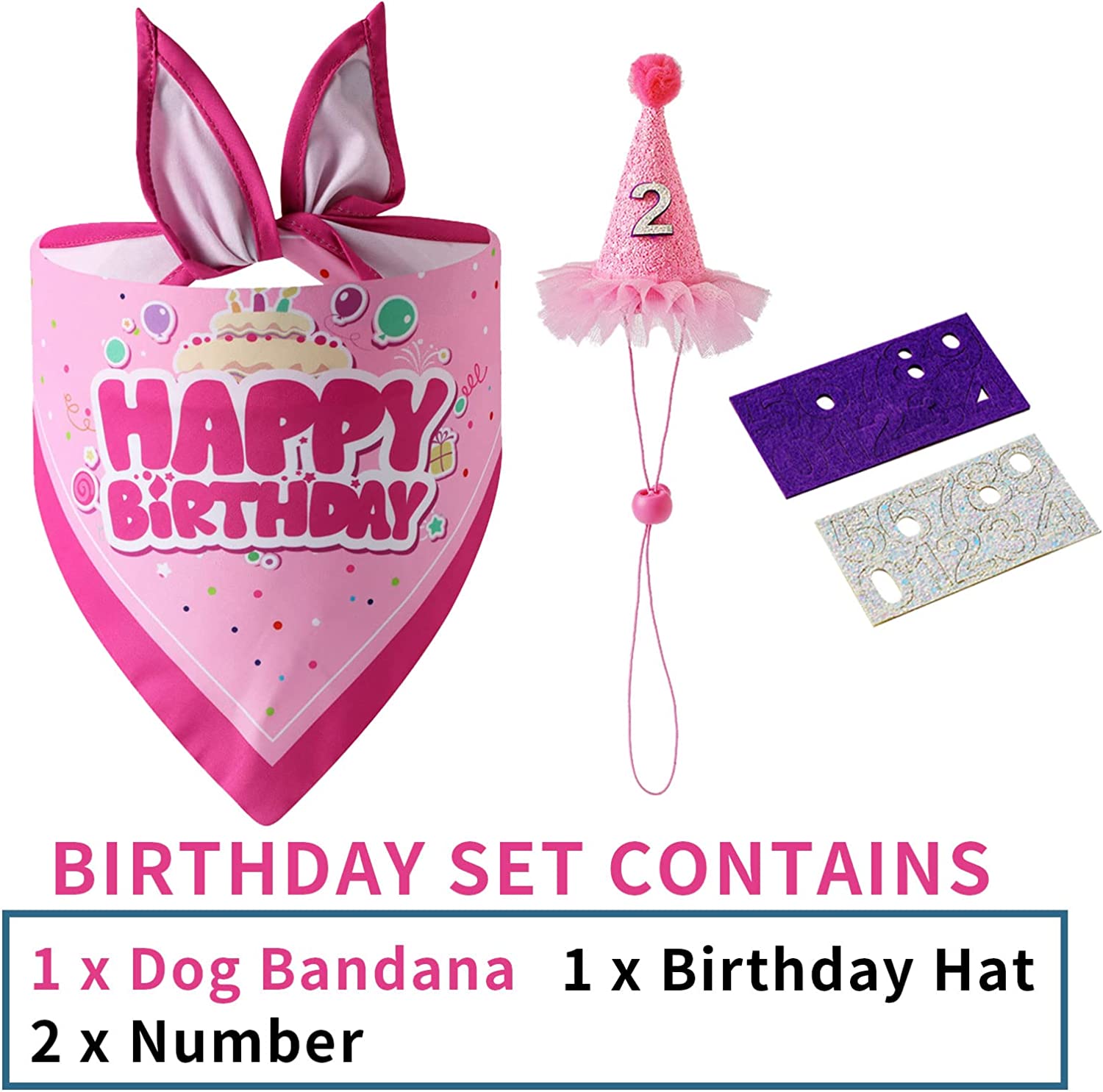 Dog Boy and Girl Birthday Bandana with Hats Reusable Foldable Pet Scarf with Number for Small Medium Dogs Pet Accessories