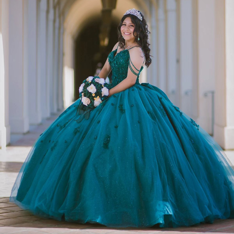 Mexican Blackish Green Quinceanera Dresses Ball Gown Spaghetti Strap Lace Applique Beading Corset Sweet 16 Dress Vestido De 15 Anos