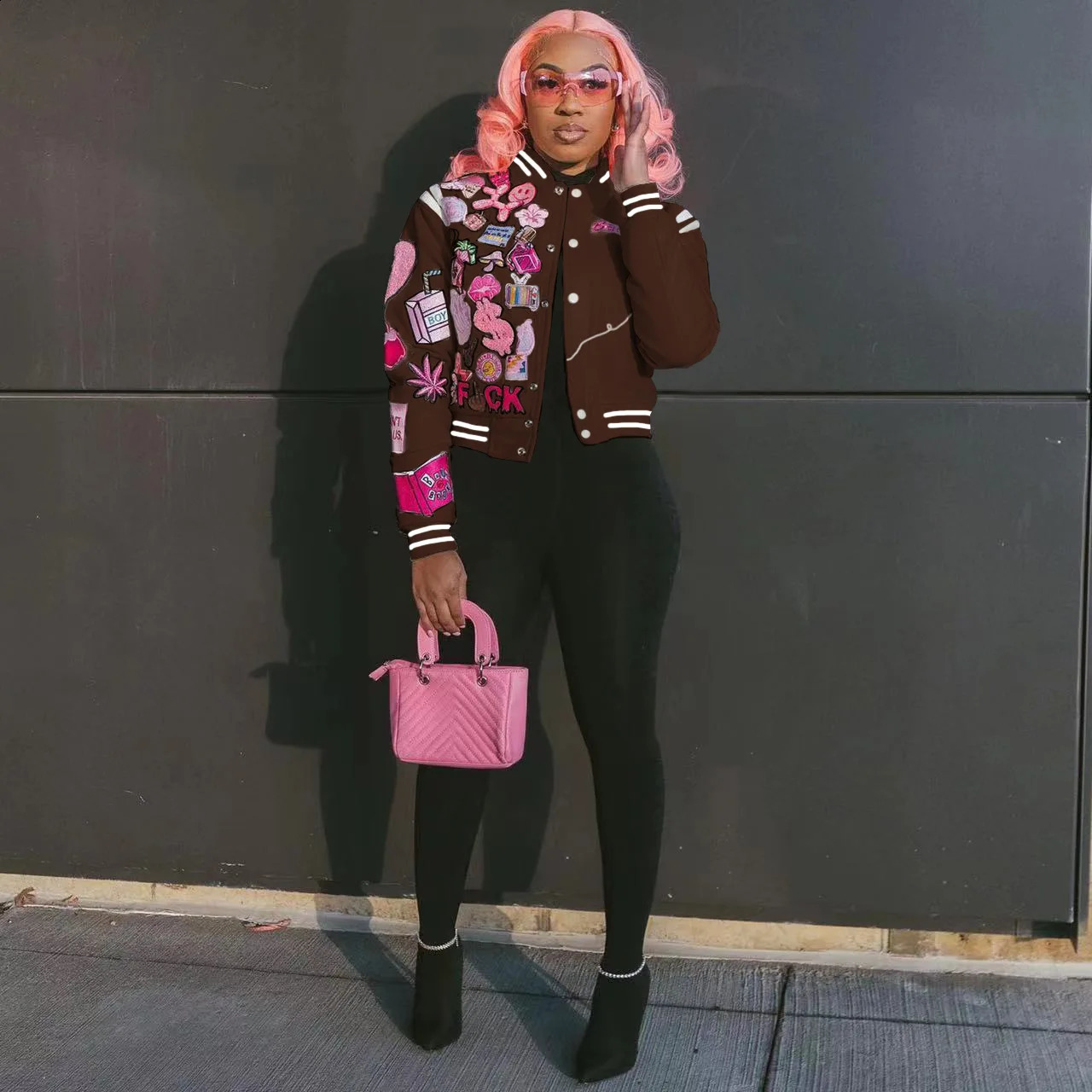 Chenille Patches Crop Varsity Jacket 2024 Women Print Streetwear Lightweight Sweatshirt Collage Bomber Jackets Coat 240910