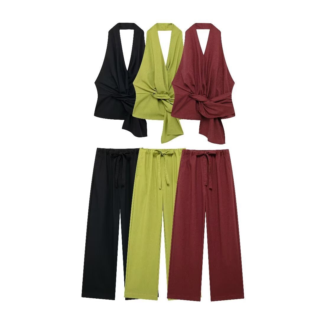 Zr Style Womens Collar Backless Hanging Neck Double Breasted Top+pants Fashionable Womens Suit