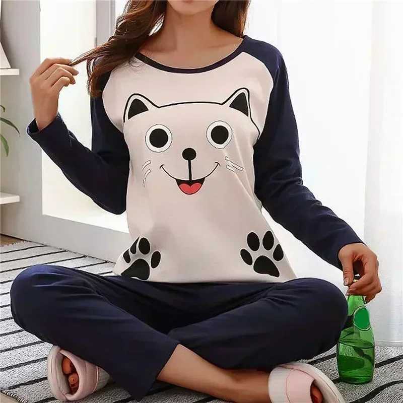 Cotton Pajamas Womens Spring and Autumn Models Long-sleeved Home Cartoon Service Womens Simple Loose Casual Suit Large SizeX2409