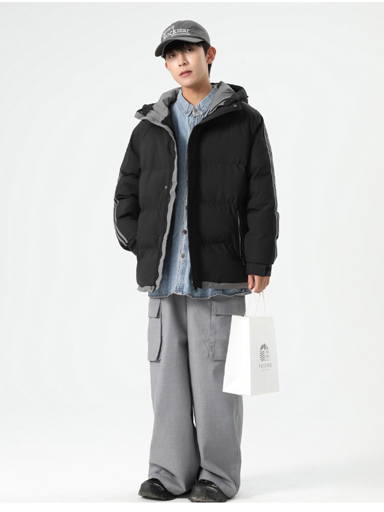 Winter Parkas Coats Hooded Collar Thick Striped Loose Padded Cotton Warm Casual Thick Snow Fashion Outwear Windproof Coat Jacket High Quality Black Gr