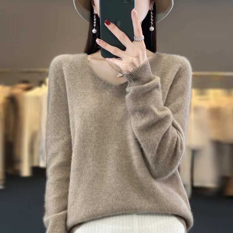 100% pure wool cashmere sweater womens V-neck pullover casual knit top autumn and winter womens coat Korean fashion M240910
