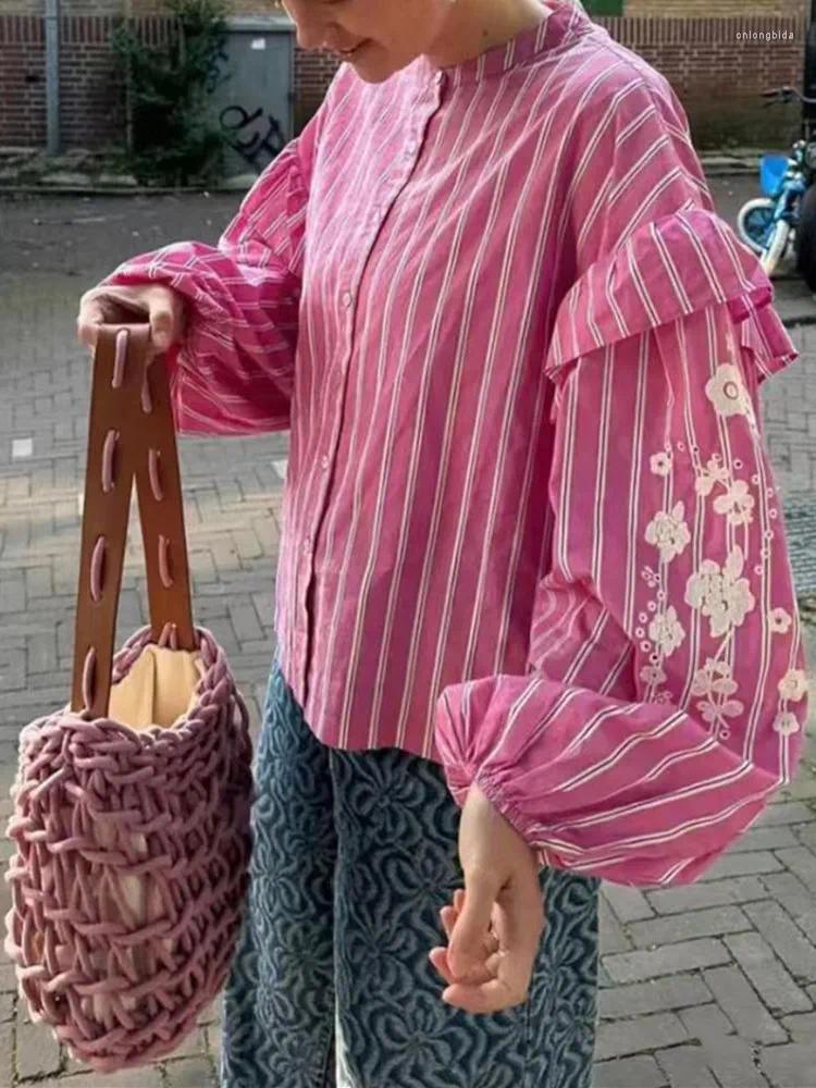 Women's Blouses Women Ral Embroidery Shirt Ruffles Long Lantern Sleeve Stripes Single Breasted Female Loose O-Neck Blouse Top Fall B3