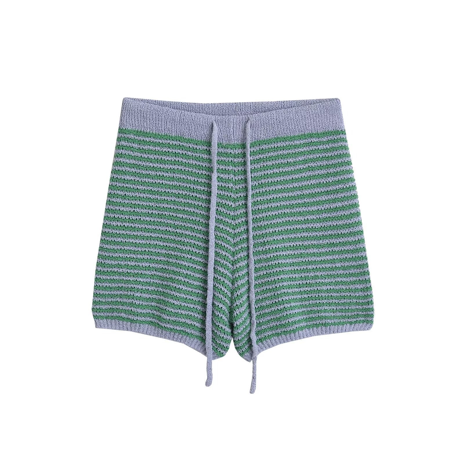 Fashion Striped Knitted Suit Autumn Womens Polo Collar Loose Top+shorts Set