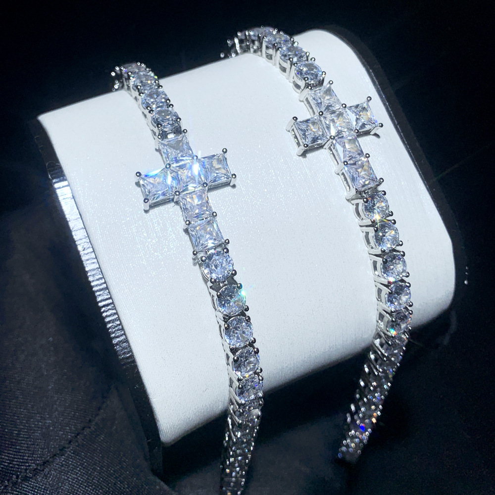 Hip Hop Cross Tennis Chain Bracelet TopBling Cubic Zircon Lover Couple Jewelry
