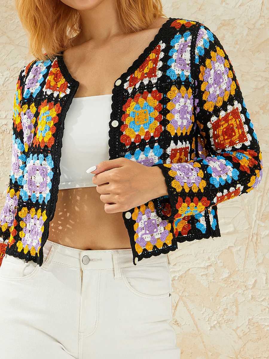 Women s Y2k Crochet Knit Cardigan Long Sleeve Floral Boho Pullover Sweater Button Down Jumper Top M240910