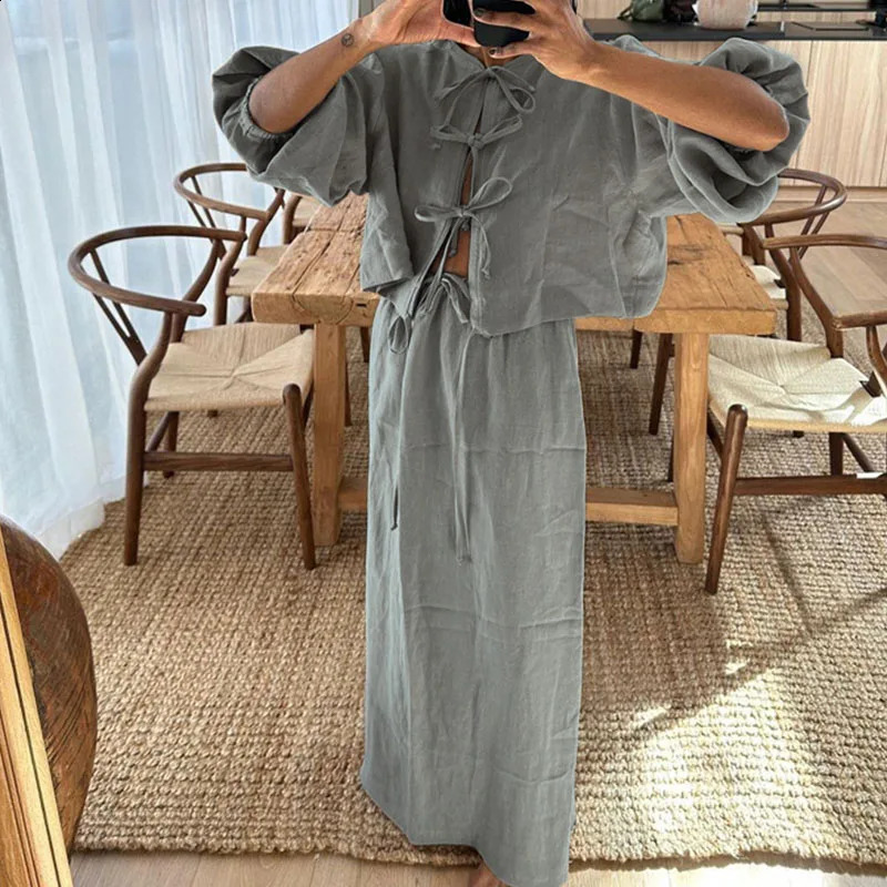 Womens O-neck lace up top long summer dress loose cotton linen set casual puff sleeves high waist 2-piece set 240903
