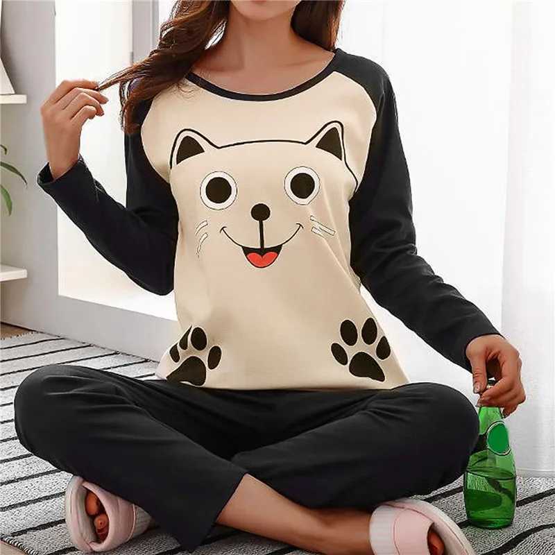 Autumn Thin 2pieces Pyjamas Set Women Cotton Round Neck Girls Bear Pajamas Sets Teacup Cat Full Spwear Tops Pajama jerXJ250220