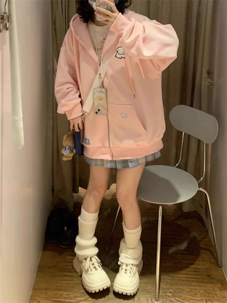 QWEEK Harajuku Kawaii Pink Zipper Hoodie Womens Japanese Y2K Sweet Cute Beige Wool Sweater Korean Girls Jacket 240911