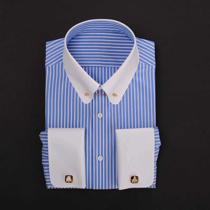 Mens 100% pure cotton empire collar long sleeved shirt - retro round neck French cuffs business attire W240911