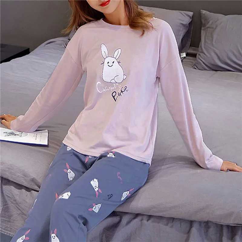 Autumn Thin 2pieces Pyjamas Set Women Cotton Round Neck Girls Bear Pajamas Sets Teacup Cat Full Spwear Tops Pajama jerXJ250220