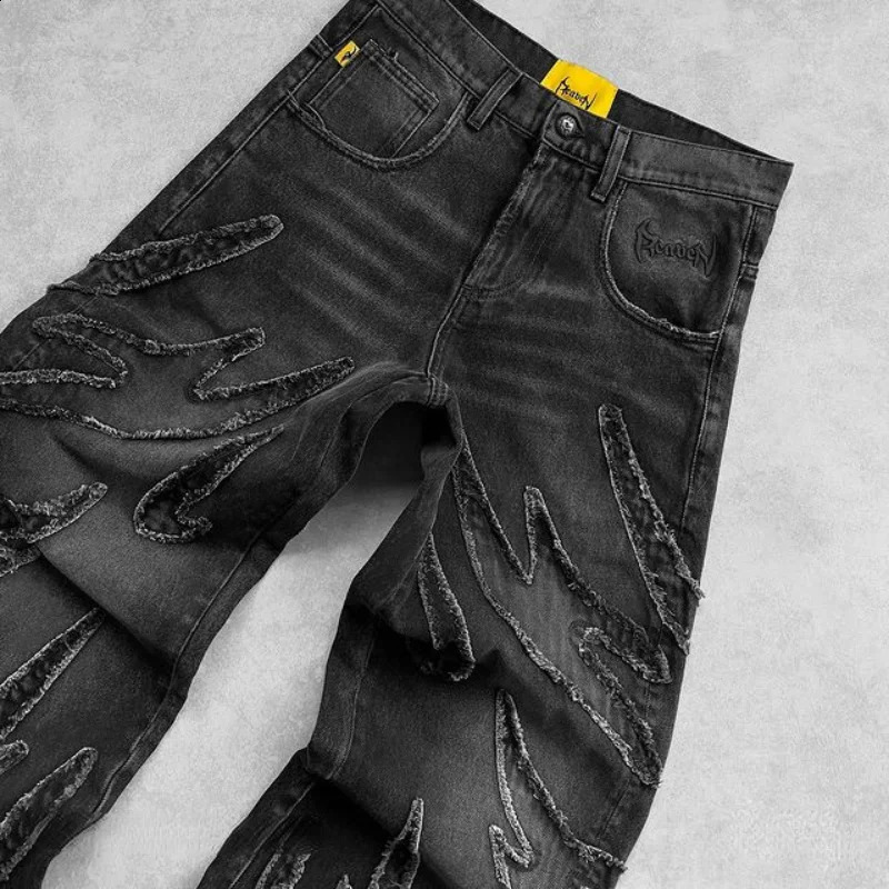 Oversized Embroidered Harajuku Gothic Wide Leg Trouser Streetwear Mens Bag Jeans Y2k Hip Hop Distressed Retro Black Pants 240911