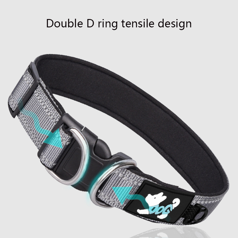 Nylon Dog Collar Medium Large Reflective Double D Ring Pet Collar with Adjustable Buckle & Comfort Neoprene Backing Pet Supplies