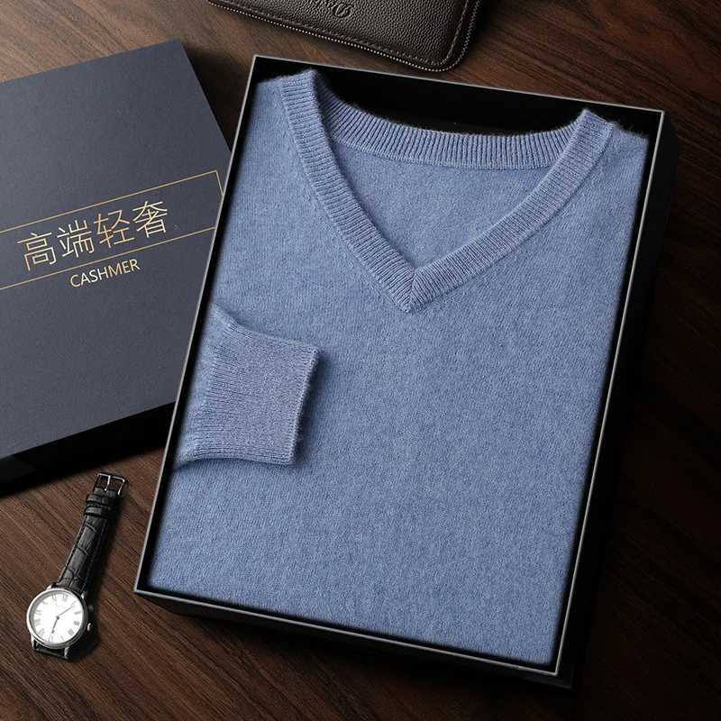 Brand new 100% pure cashmere mens V-neck high-end luxury business casual sweater autumn and winter knitted cashmere sweater W240909