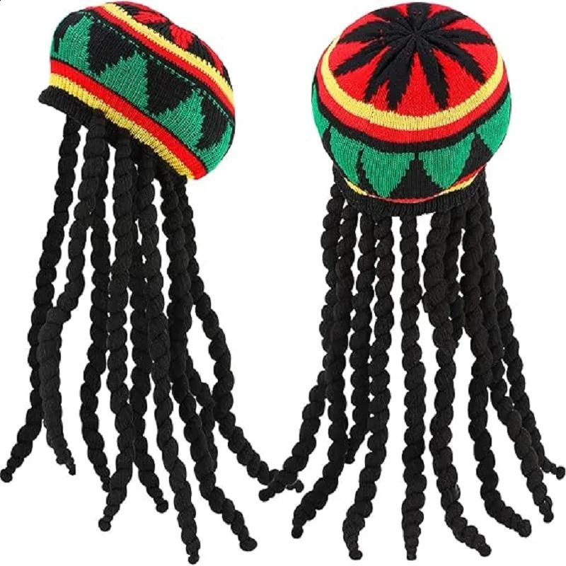 Rasta Reggae Knitted Hat Fake Braid Jamaican Hat Hip Hop Horror Lock Wig Hat Fancy Dress Party Costume Hippie Berber 240910
