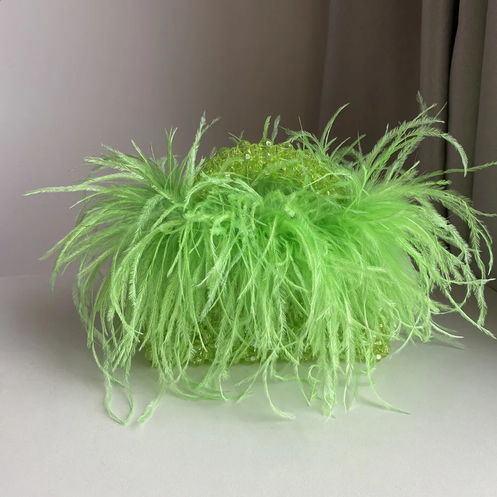 Pearl Bead Bag With Ostrich Feather Fur er Clear Acrylic Crystal Tote Handbag Women Handmade Party Purse 240909