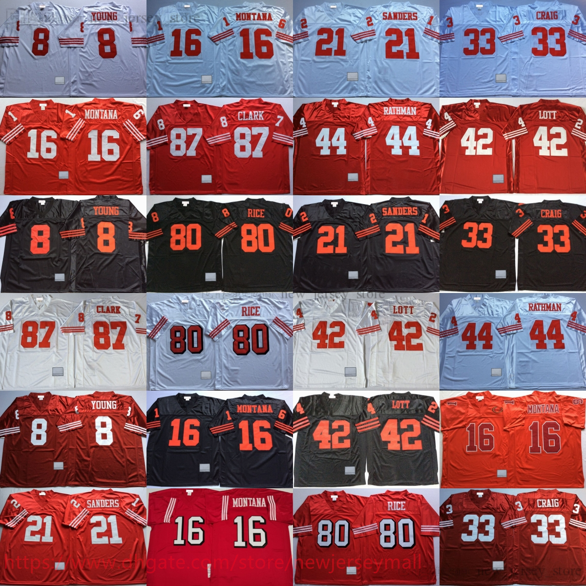 College 1994 Throwback Football 80 Jerry Rice Jersey Retro Vintage 8 Steve Young 87 Dwight Clark 16 Joe Montana 21 Deion Sanders 33 Roger Craig Ronnie Lott Tom Rathman