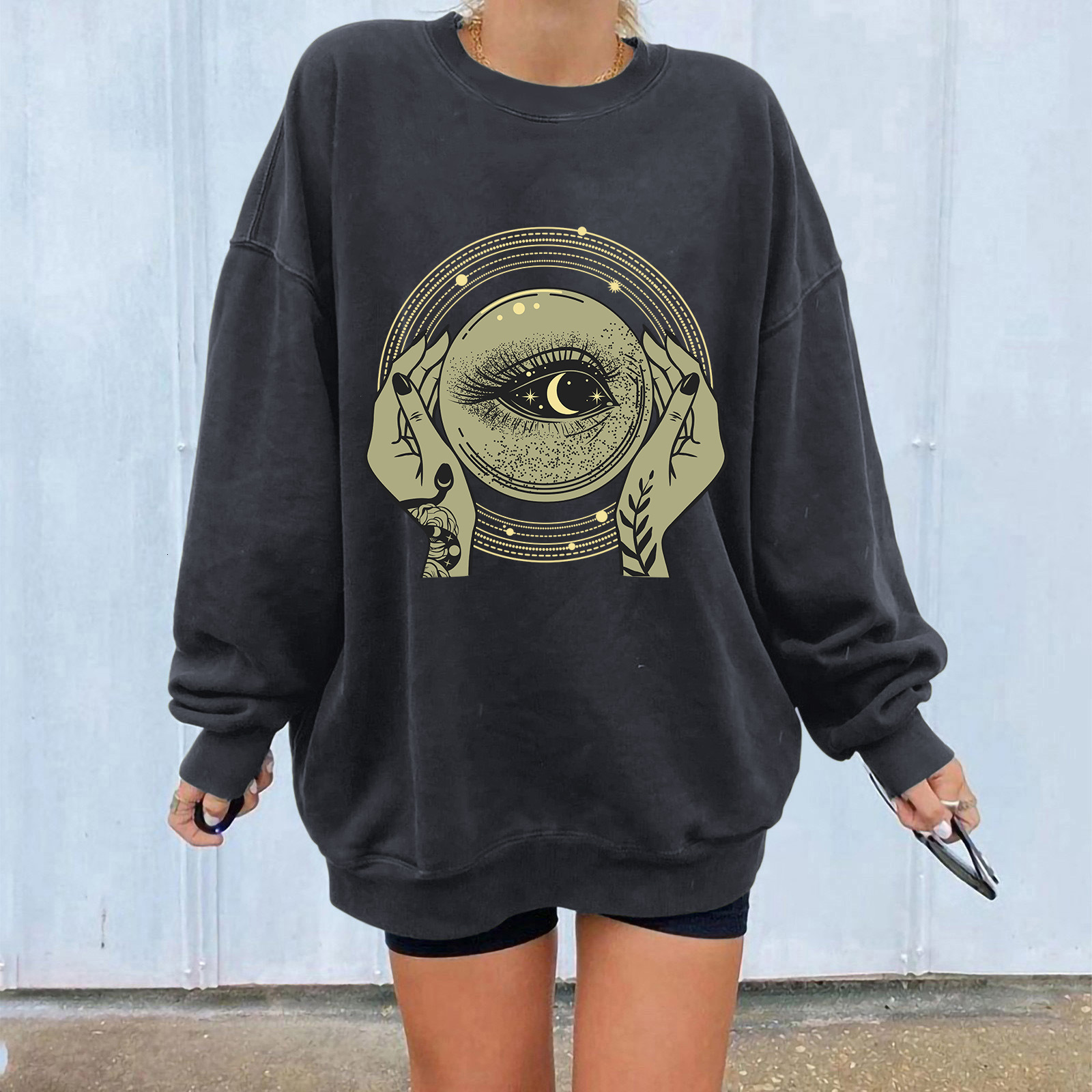 dongdumaoyi 2024 New Fashion Trend Shoulder Hoodie Large Round Neck Korean Edition Women's Eye Print F0911#26