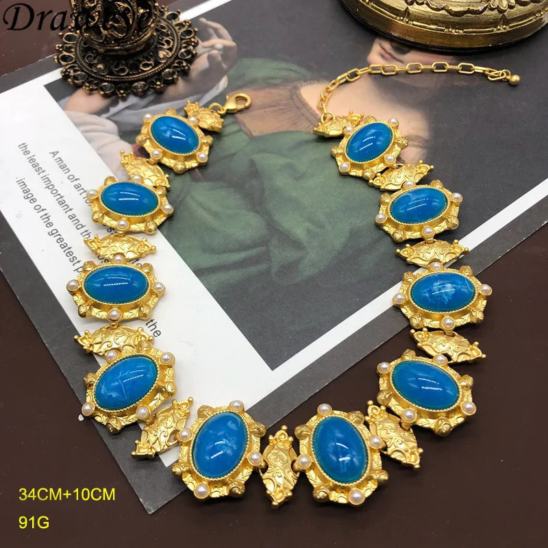 Draweye Blue Necklace Womens Geometric Medieval Style Fashion Necklace Para Mujer Hyperbole Elegant Party Jewelry 240910