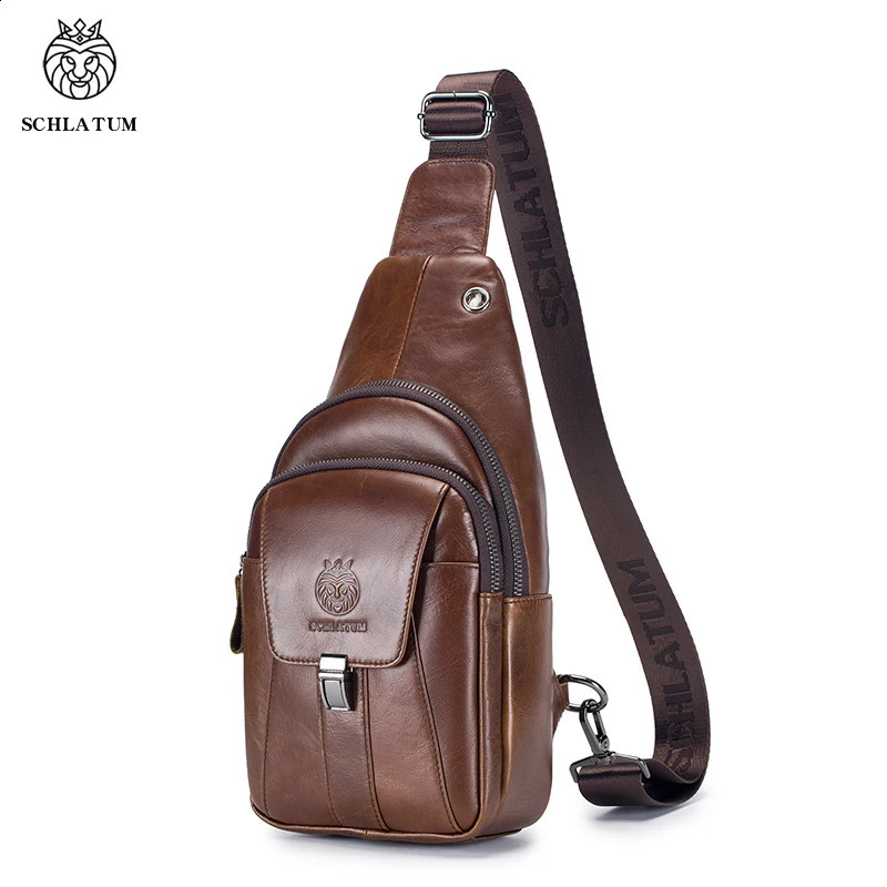 SCHLATUM 100% denim leather casual fashion cross body chest bag mens leather shoulder bag multifunctional mobile phone bag 240907