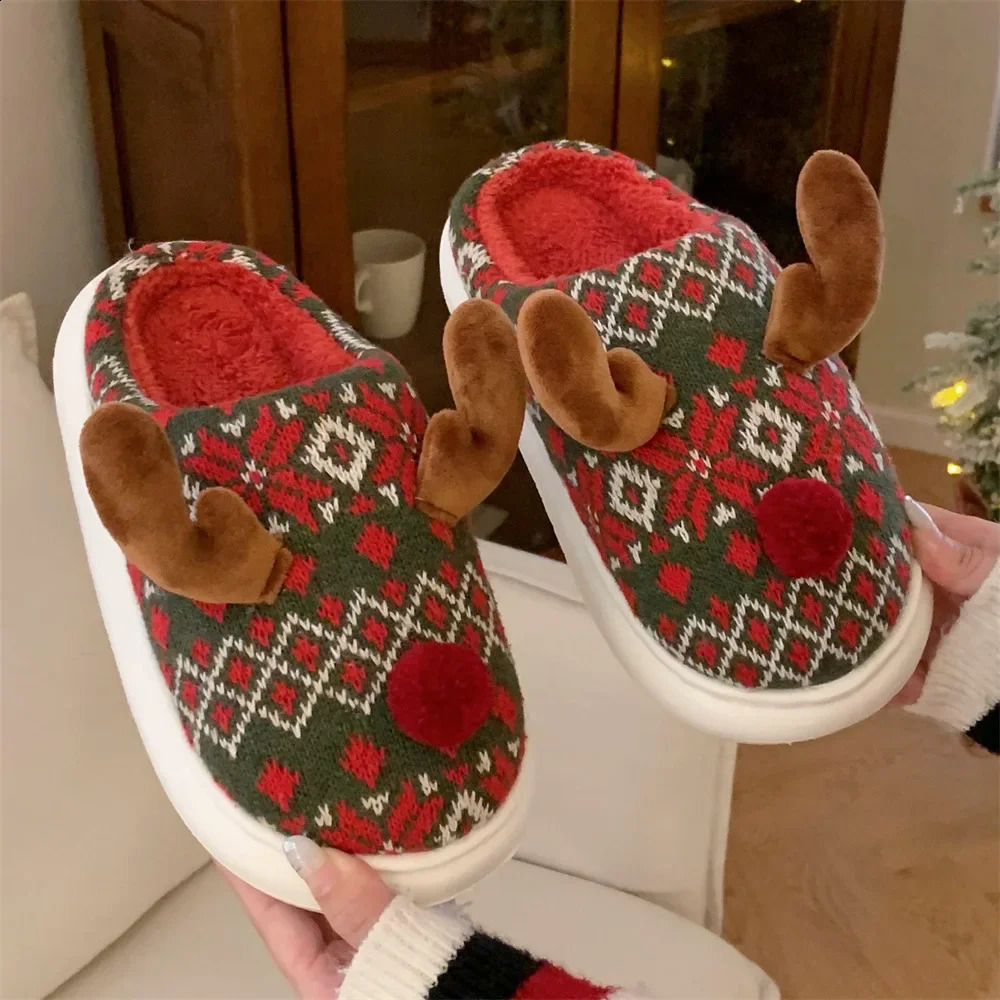 Women Christmas Cotton Slippers 2024 Cute Cartoon Deer Anti-slip Winter Warm Shoes Ladies Indoor Home Floor Fluffy Slides 240910