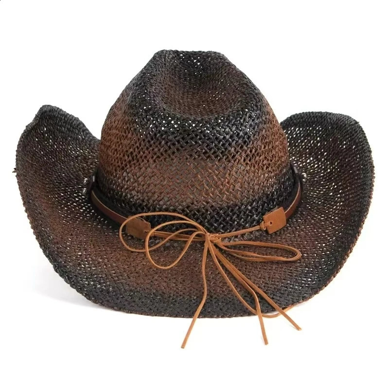 Hand woven hollow western cowboy hat suitable for womens summer outdoor cowboy hat beach cowboy hat straw hat 240909