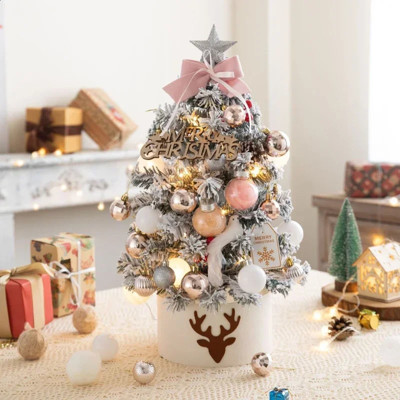 Tabletop Christmas Tree with Deco Kit Red White Ball Ornament and Gift Box Snow Flocked Mini Christmas Tree for Tabletop Deco 240910