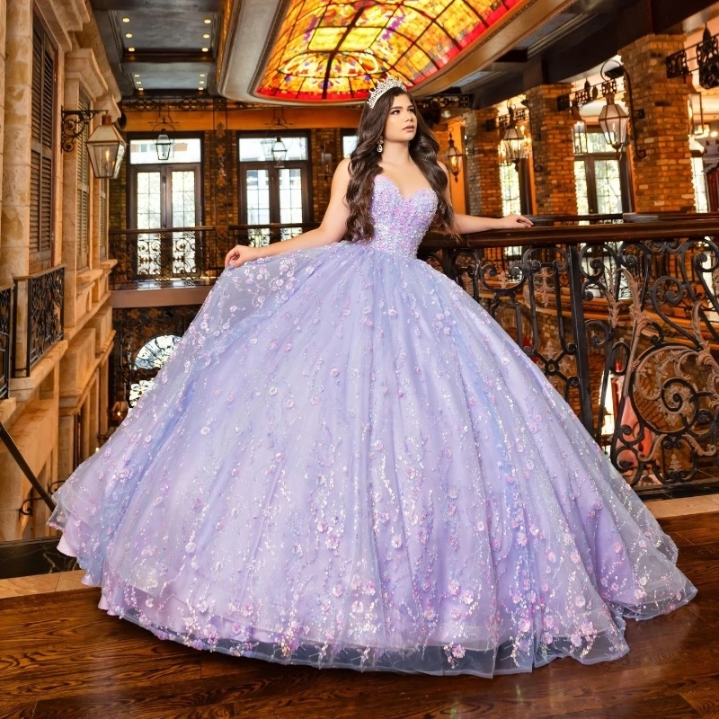 Lilac Princess Ball Quinceanera Dresses Off Shoulder Sequined Beaded Crystals Tull Sweet 16 Party Gown Lace-Up Vestidos De 15