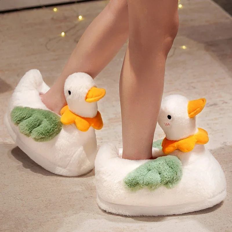 Cute Cartoon Duck Fluffy Slippers For Woman Winter Warm Shoes Soft Plush Funny Flower Girls Indoor Home Floor Slipper 240910