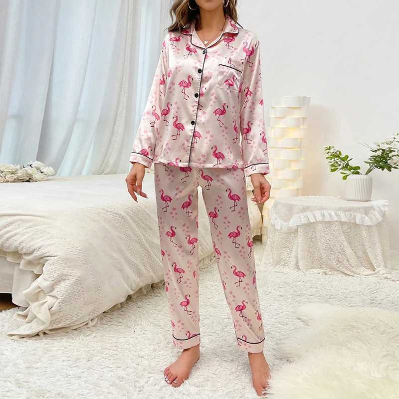 Womens Satin Pajamas Flamingo Print Pyjama Femme Casual Home Clothing Autumn Lapel Collar Button Tops Pants Sleepwear 2 PieceX240910