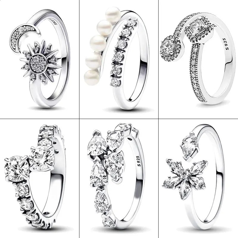 2024 925 Silver Ring Sparkling Herbarium Cluster Open Overlapping Band For Women Gift Fine Jewelry 240906
