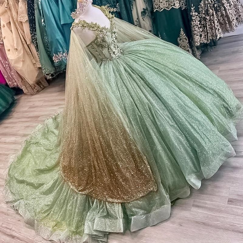 Sage Green Shiny Quinceanera Dresses Sweet 16 Dress Ball Gown Appliques Beads Tull With Cape Party Birthday vestidos de 15