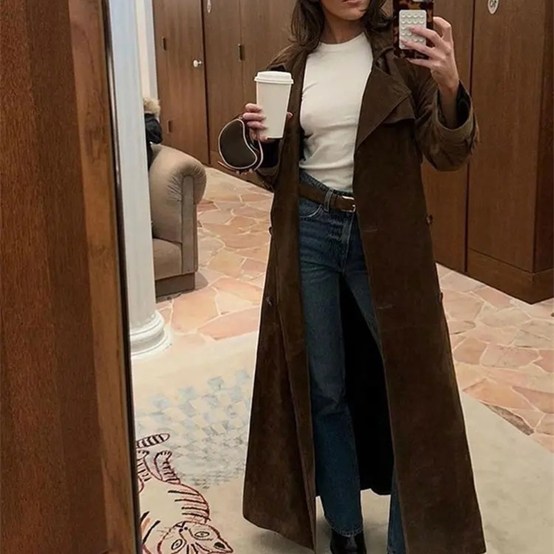 Elegant Suede Leather Belt Long Windbreaker Coat Fashion Double Button Lapel Oversize Jacket 2024 Autumn High Quality Streetwear y240910