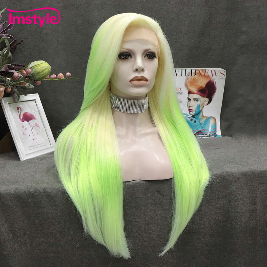 Imstyle Ombre Synthetic Front Light Green For Women Straight Hair Lace Wigs Party Wig High Temperature