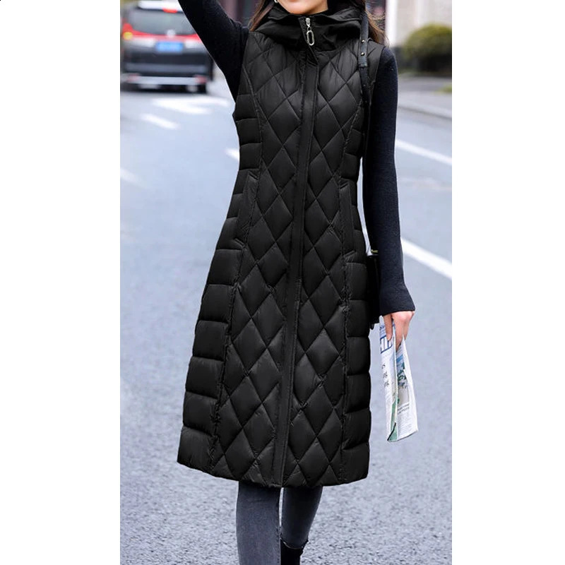 Autumn and winter womens fashionable cotton padded vest elegant ultrathin sleeveless zipper hooded jacket casual quilted long park 240910