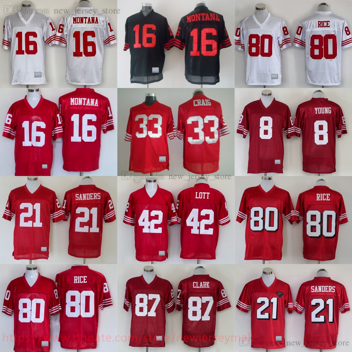 College 1994 Throwback Football 80 Jerry Rice Jersey Vintage Stitched 8 Steve Young 16 Joe Montana 21 Deion Sanders 33 Roger Craig 42 Ronnie Lott 87 Dwight Clark Jersey