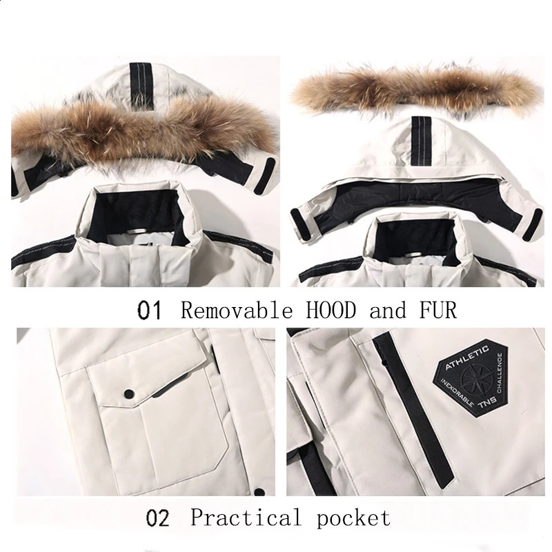 Mens Down Jackets Big Real Fur Collar Warm Parka -30 Degrees Men Casual 90% White Duck Down Coats Winter Snow Overcoat Thicken 240911