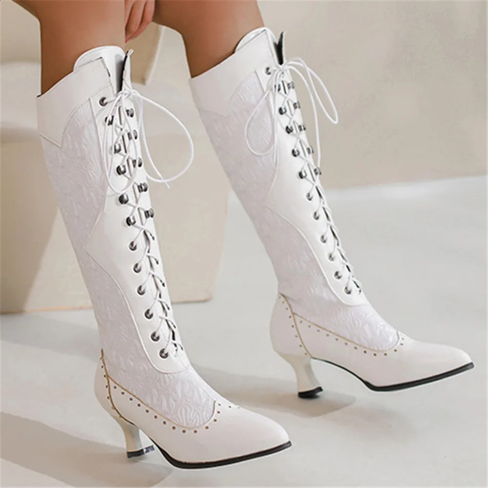 Women Victorian Pointed Toe Mid-Calf Boots Leather Lace Hollow Out Punk Lace Up Strange Steampunk High Heel Shoes Plus Size32-43 240910