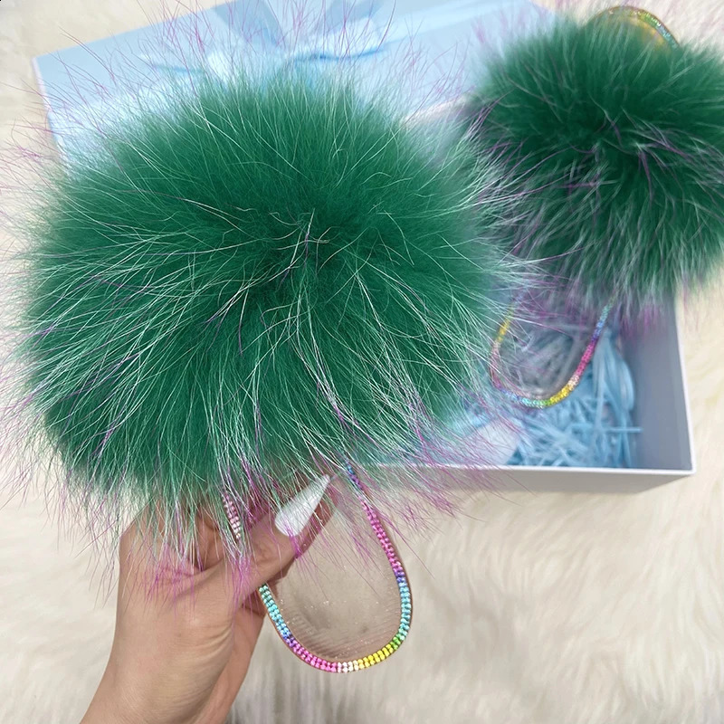 100% Natural Raccoon Fur Furry Slippers Crystal Flats Plush Slides Real Fox Fur Sandals Ladies Transparent Jelly Slipper 240910