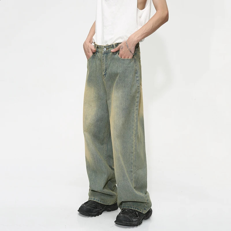 IEFB Vintage Gradient Baggy Jean Trousers Trend Mens Fashion Distressed Y2k Style Personality Wide Leg Casual Denim Pant 9C1149 240911