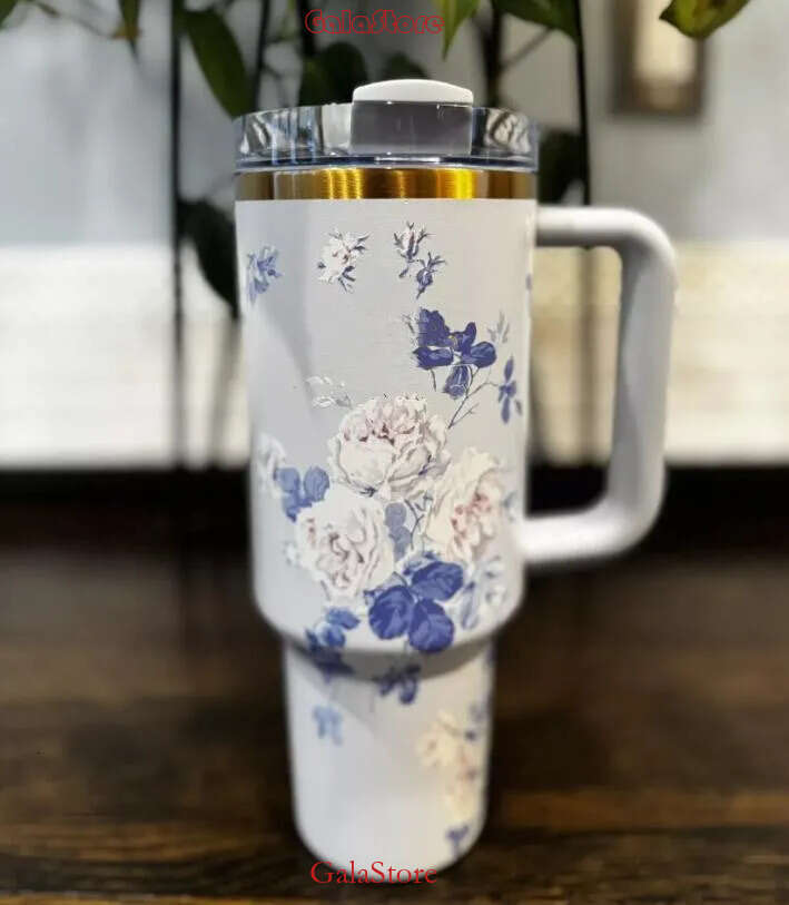 DHL 40 OZ Blue Magnolia Pink Rose Early Lilac Floral Cups 40oz H2.0 Stainless Steel Tumblers with handle Lid and Straw Purple Stars Travel Car Mugs Wa