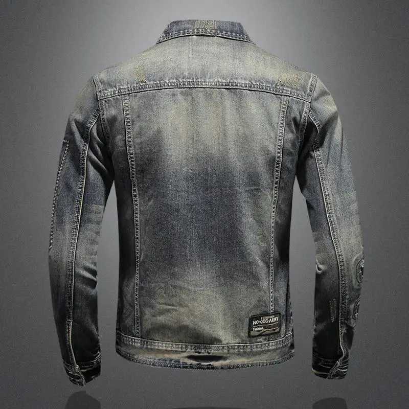 New mens denim jacket retro trend loose casual street denim jacket high street fashion hole ultra-thin lapel denim jacket W241011
