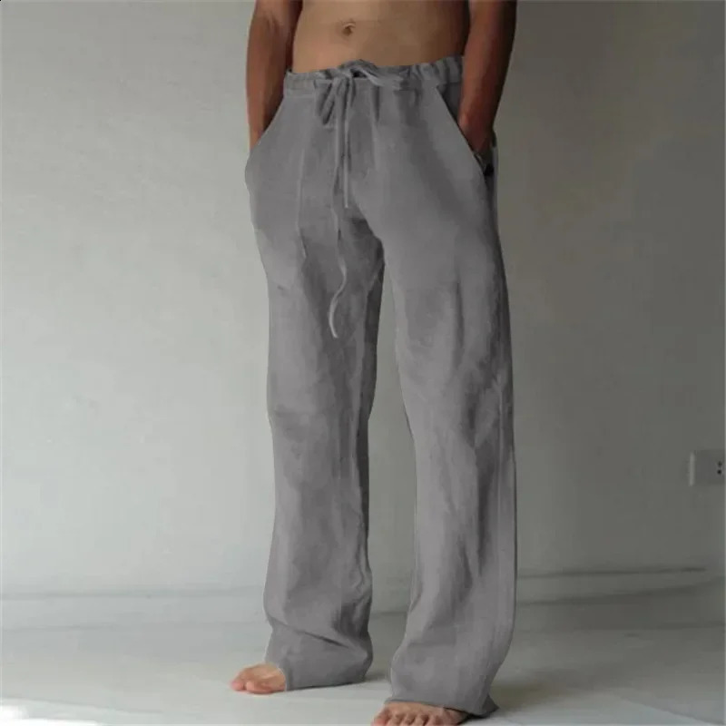 Mens Cotton Linen Long Pants Summer Solid Color Breathable Trousers Male Casual Elastic Waist Harajuku Trous 240911