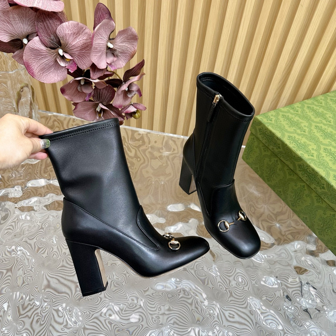 Designer Shoes Horsebit Ankle Boots fashion Women Boots luxury leather calfskin 6.5cm 9.5cm Chunky Heel Boots Square Toes Elastic boots Size 35-42