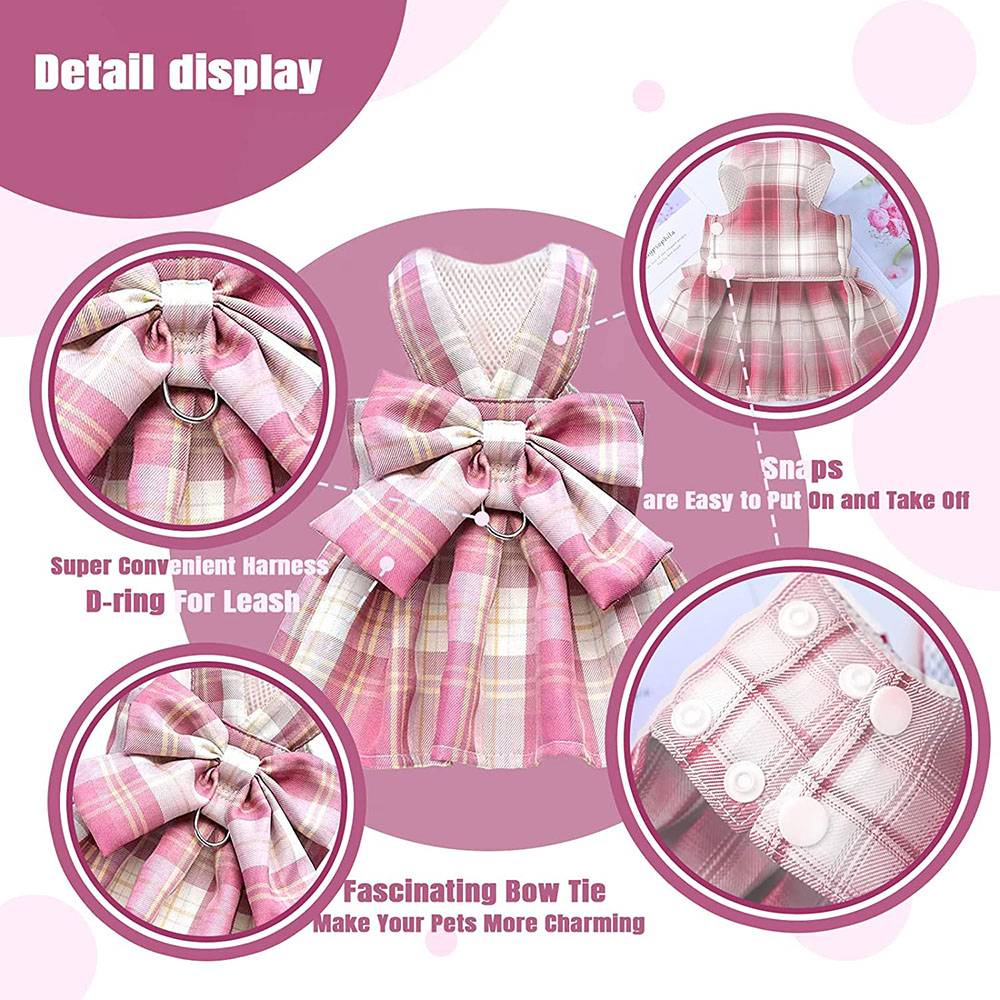 Plaid Dog Dress Bow Tie Harness Leash Set for Small Dogs Cats Girl Cute Princess Dog Dress Puppy Bunny Rabbit Clothes Pet Outfit
