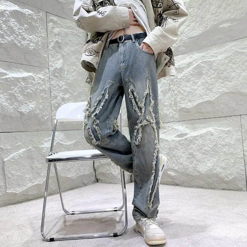 Y2K Streetwear Cross Patchwork Baggy Stacked Jeans Pants For Men Clothing Straight Women Old Denim Trousers Pantaloni Uomo 240830