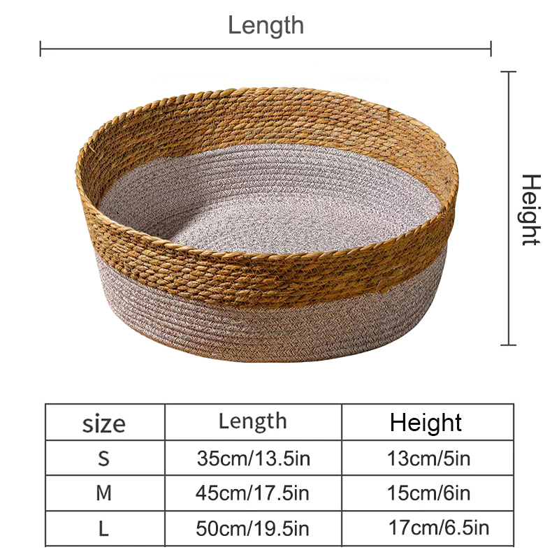 Cute Japanese Pet Cat Bed Round Hand Woven Rattan Cat Beds Summer Cooling Kitten Basket Cotton Rope Cat Scratching Baskets