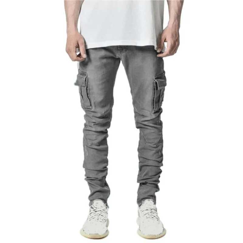 Spring Summer New Mens Clothing Solid Color Stretch Multi-Bag Skinny Pants Slim Slimming Denim Cargo Pants Jeans M240912