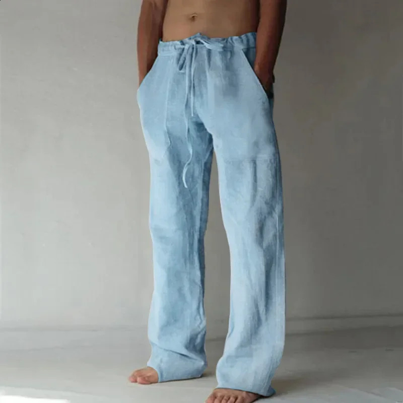 Mens Cotton Linen Long Pants Summer Solid Color Breathable Trousers Male Casual Elastic Waist Harajuku Trous 240911